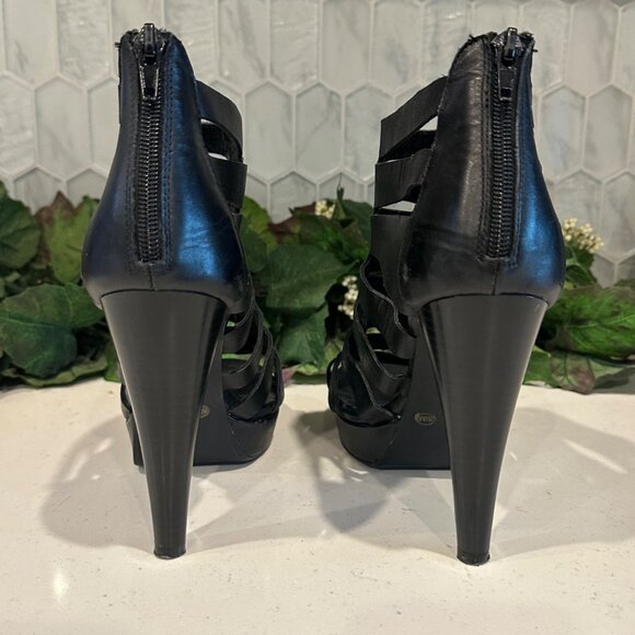 Strappy Black High Heel Sandals 8.5M By Chinese Laundry Leather Upper Peep Toe B - Picture 5 of 8